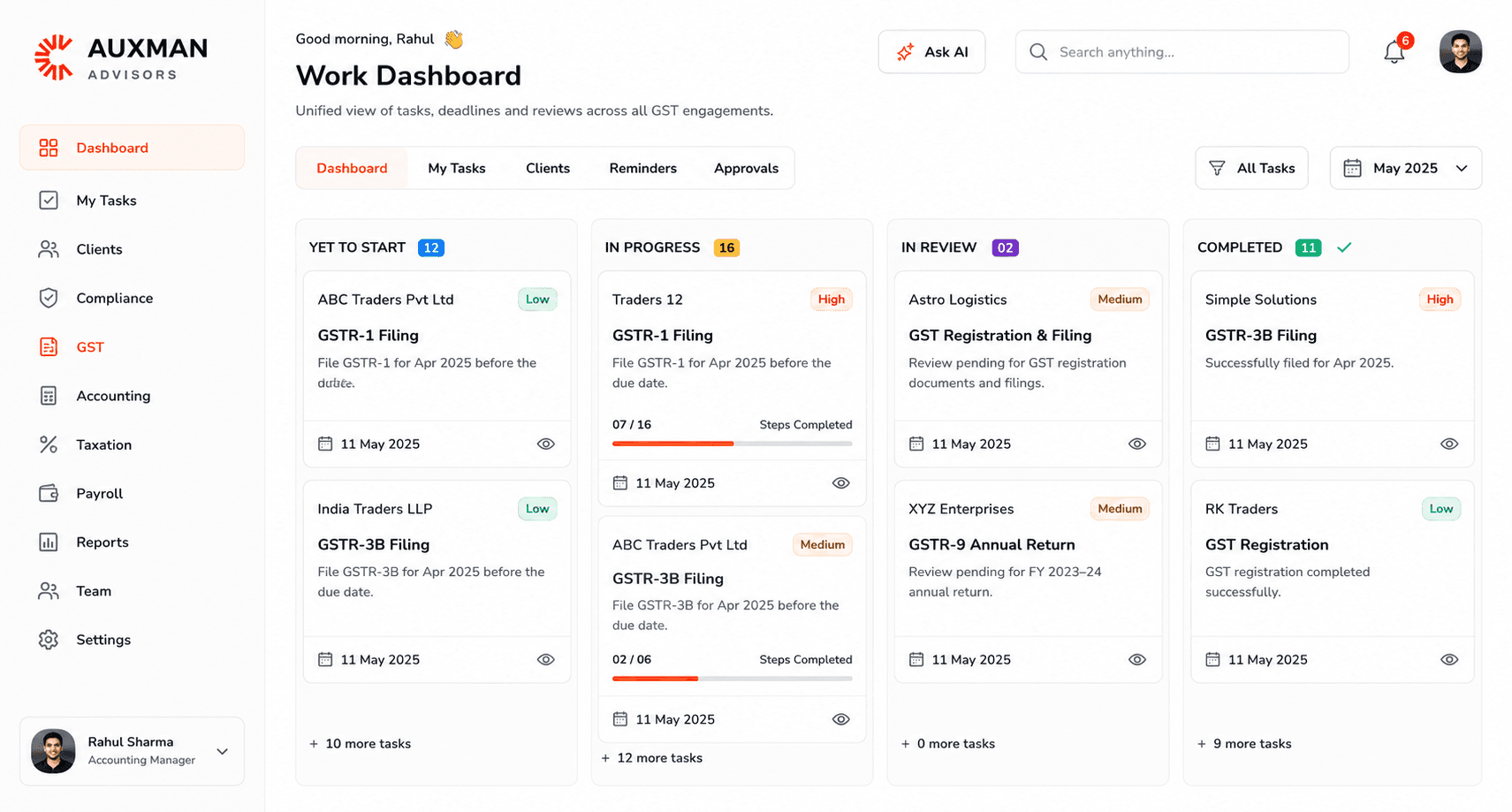The Auxman work dashboard: tasks grouped as yet to start, in progress, in review and completed, each showing the client, the filing, its due date and how many steps remain.